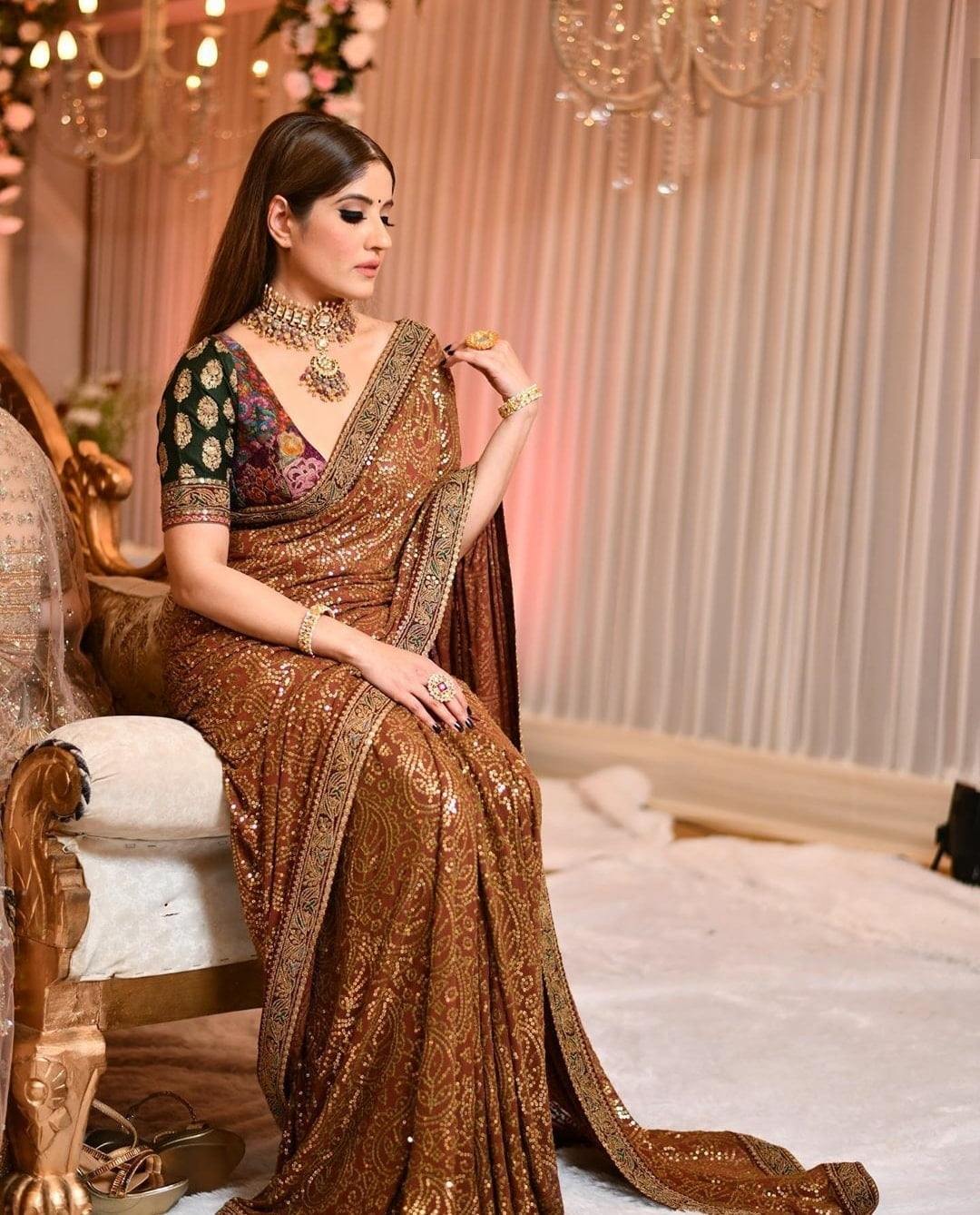 modern design chic copper saree for reception