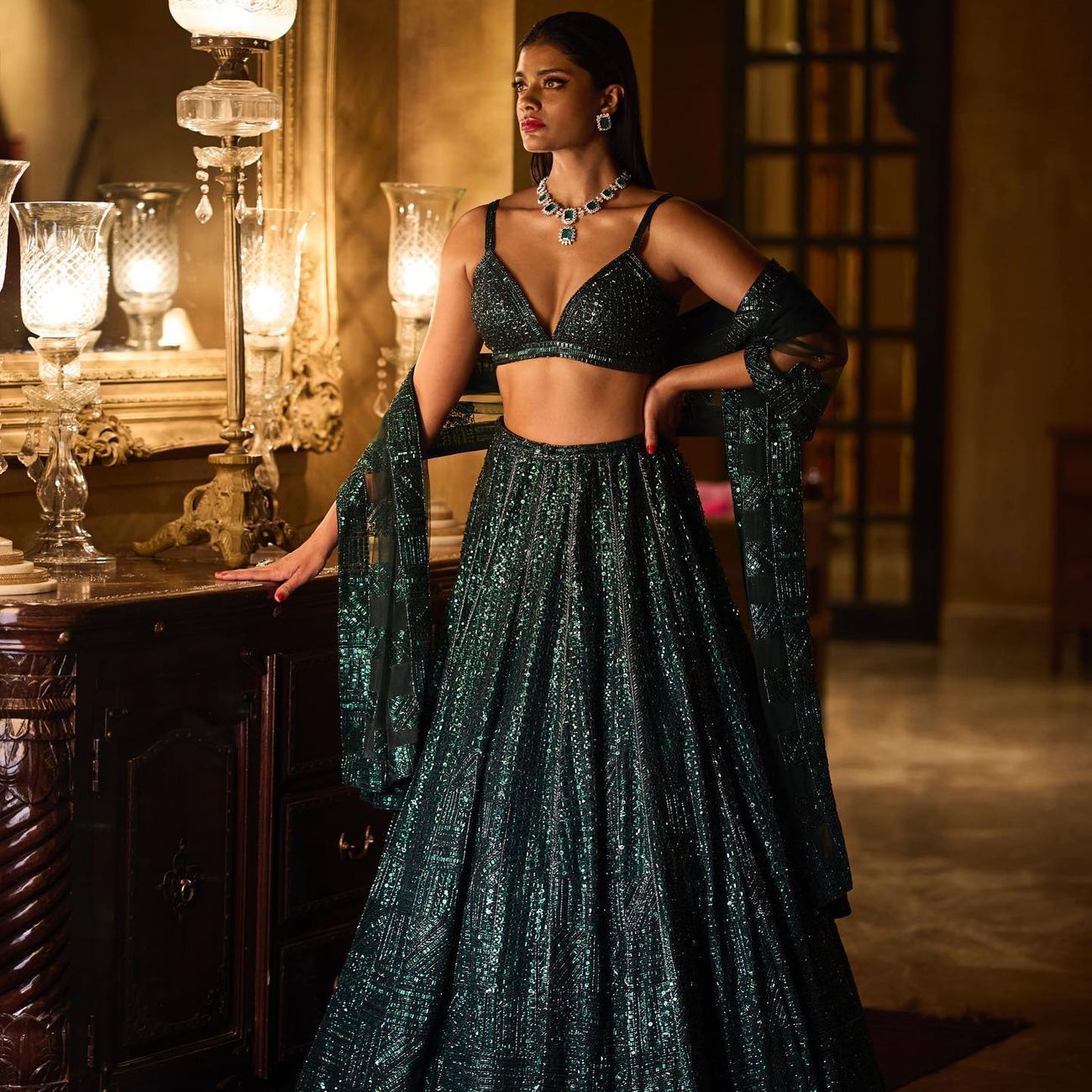 designer seema gujral bottle green sequin lehenga choli