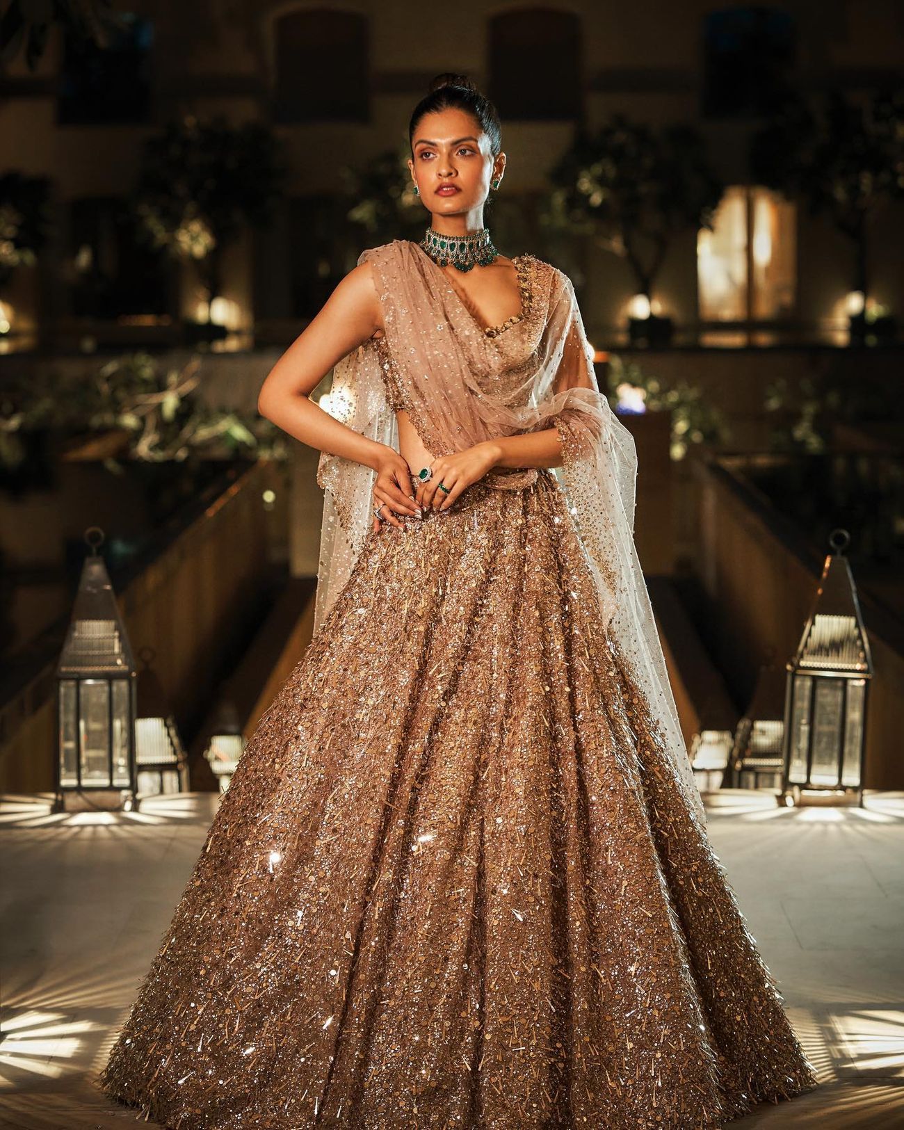 designer nude golden sequin lehenga choli for reception