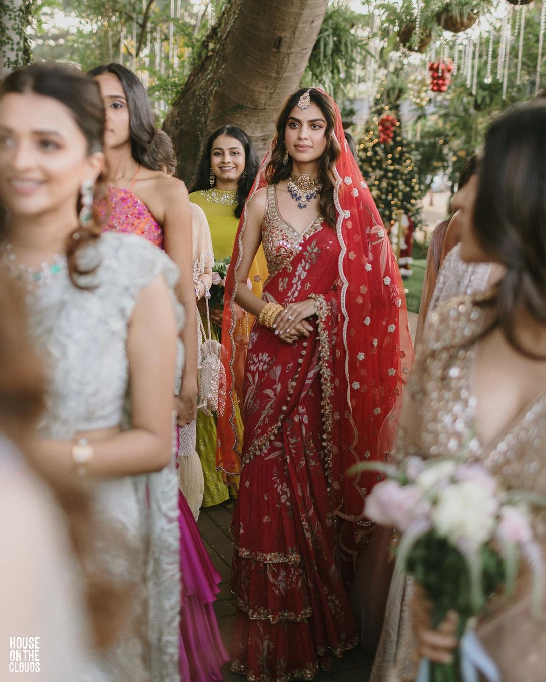 red ruffled saree for wedding and reception