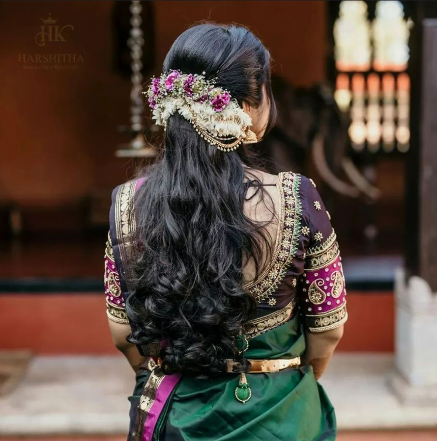 muhurtham and engagement hairstyle on saree for south indian bride