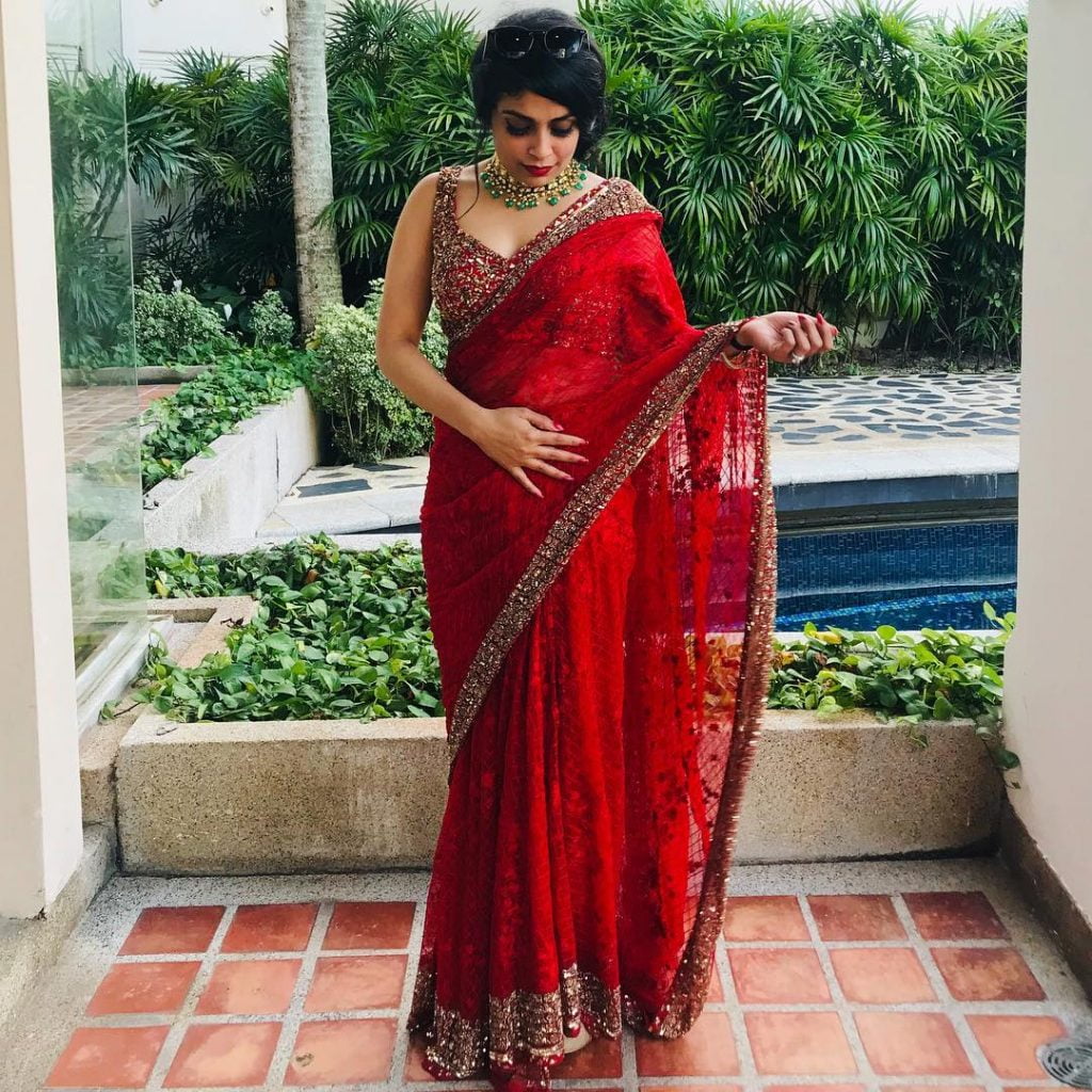 red fancy stone work saree for reception