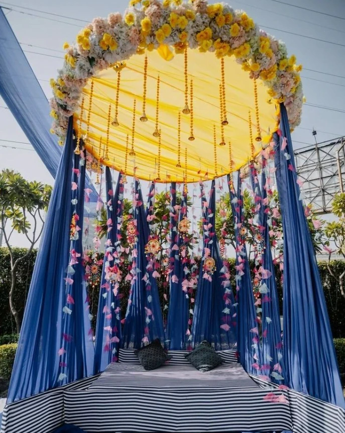 yellow and blue floral canopy for haldi