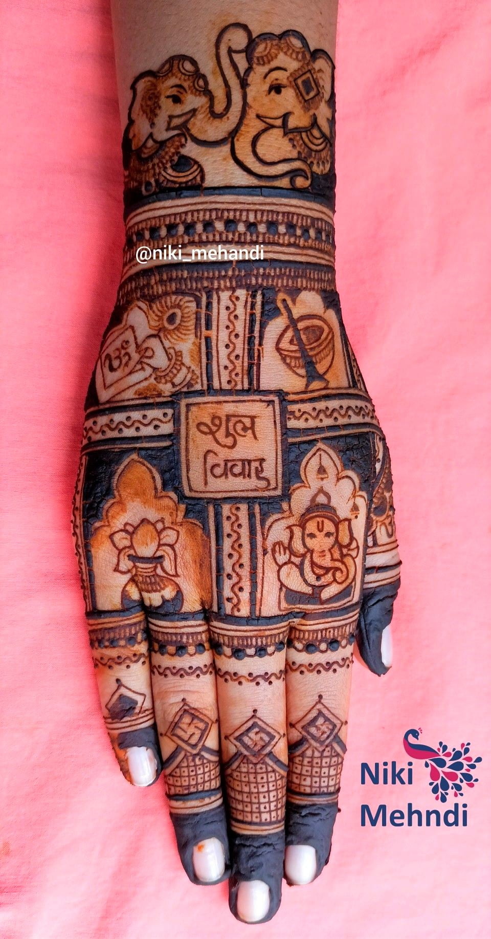 easy bridal mehndi design back side with ganesha and kalash