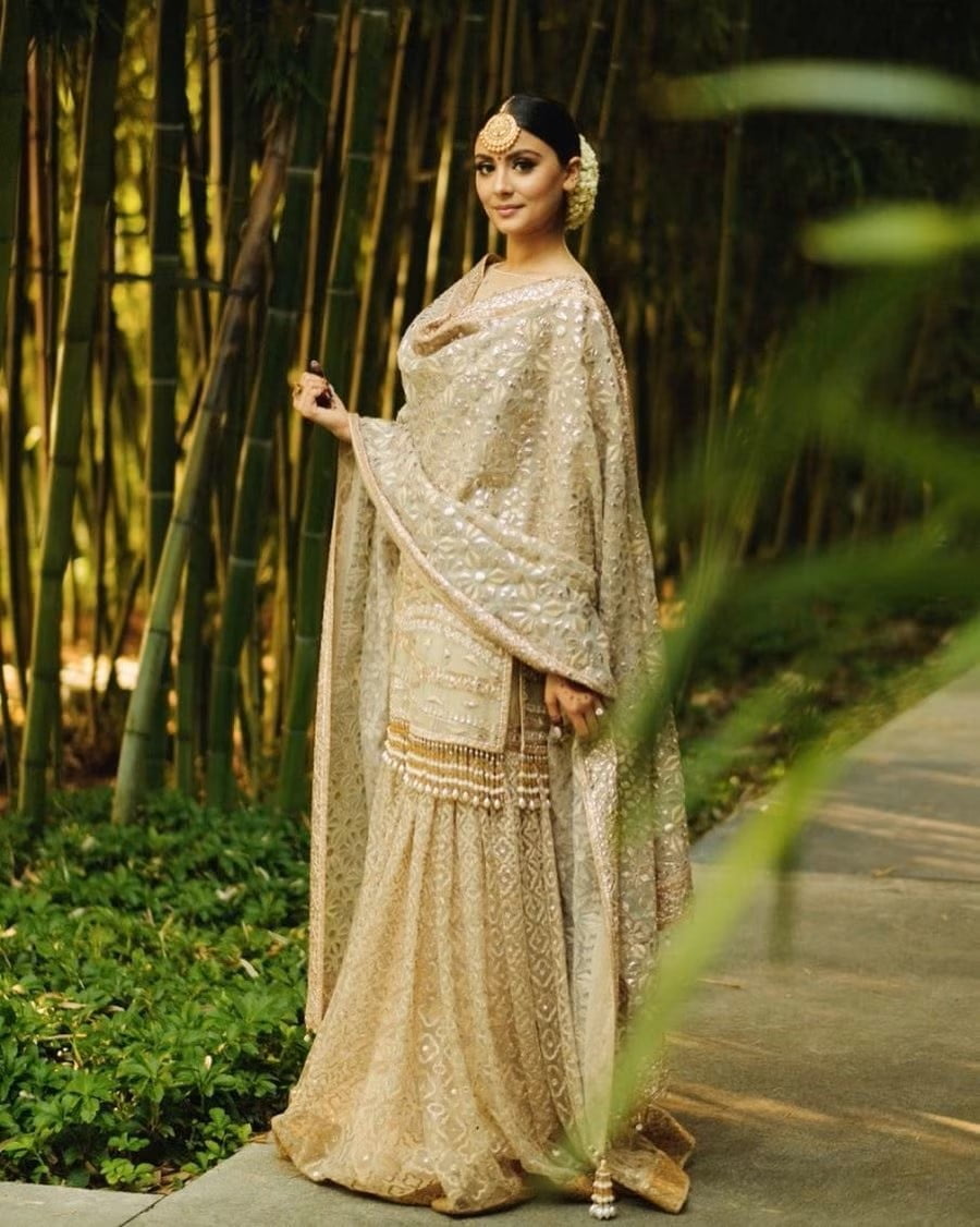 tarun tahiliani beige and golden sharara suit for sangeet