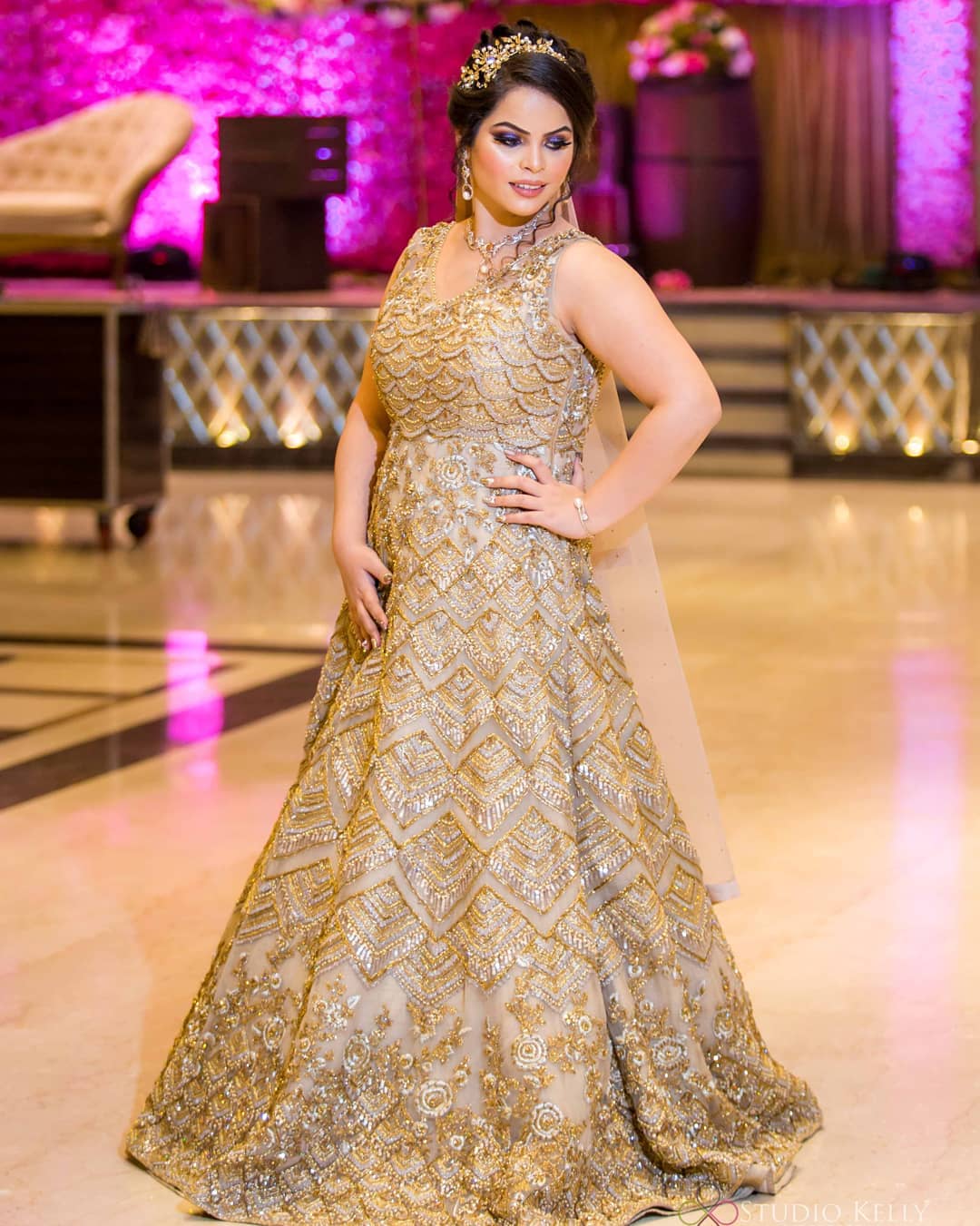 golden gown for sangeet function with dupatta for bride