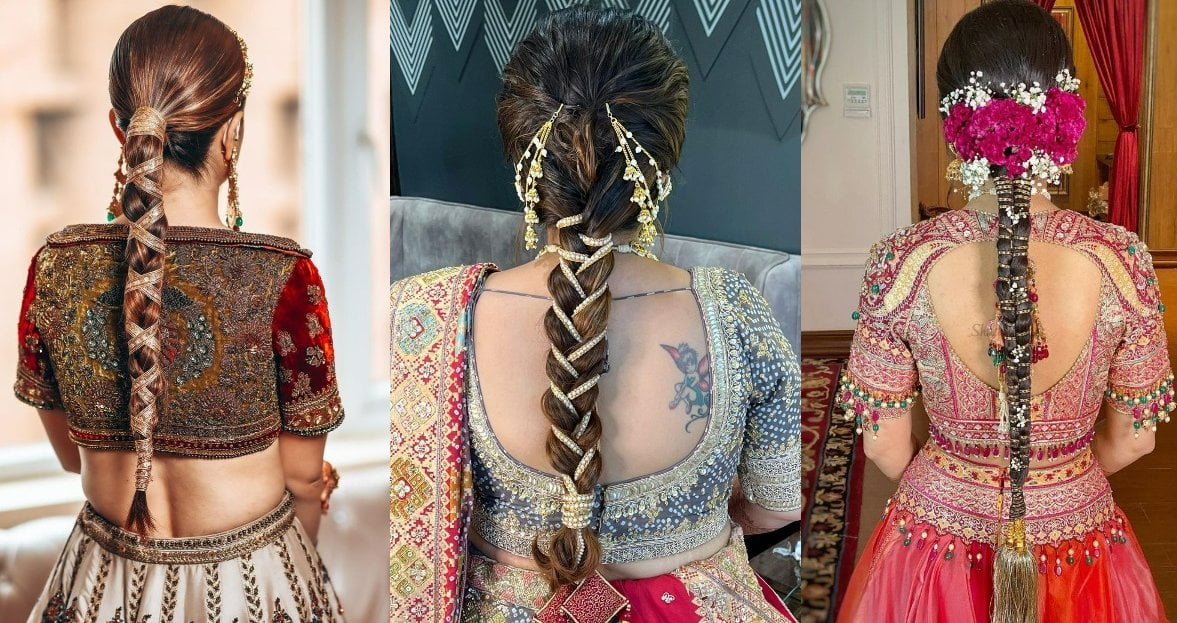 indian reception bridal hairstyles featuring gota choti or braid