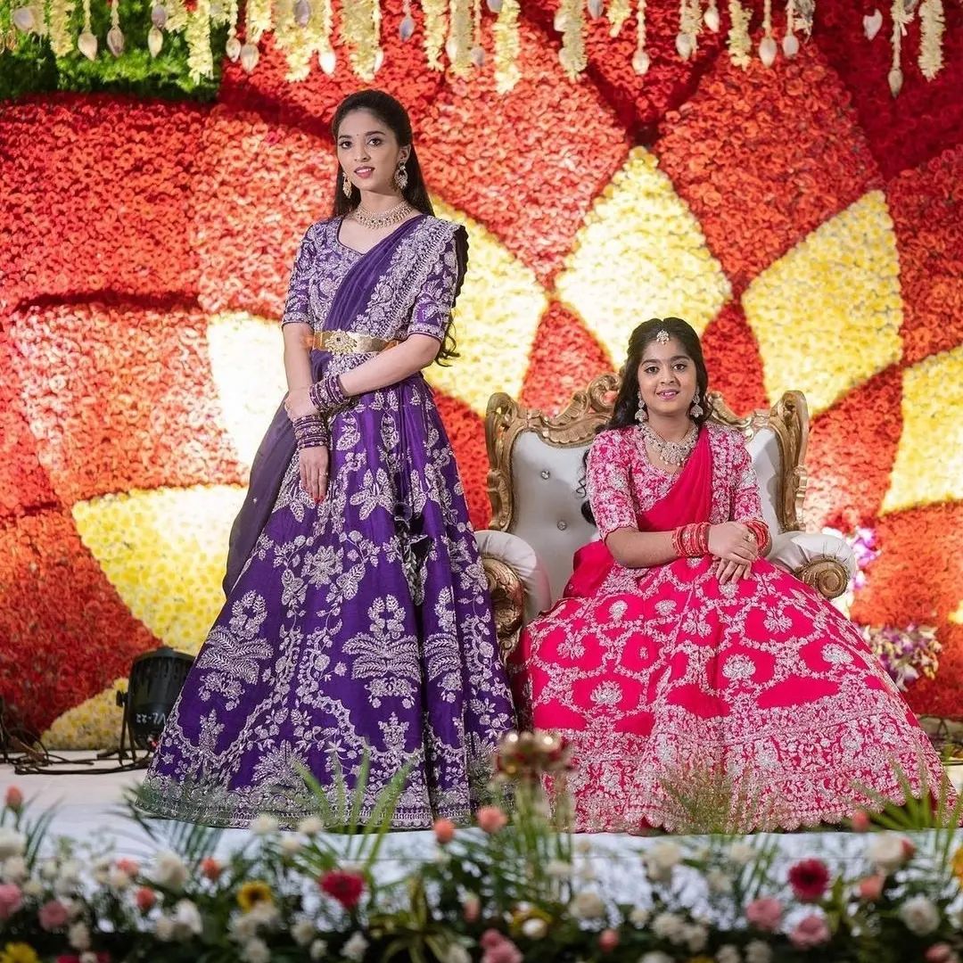 grand purple and pink half sarees for reception 