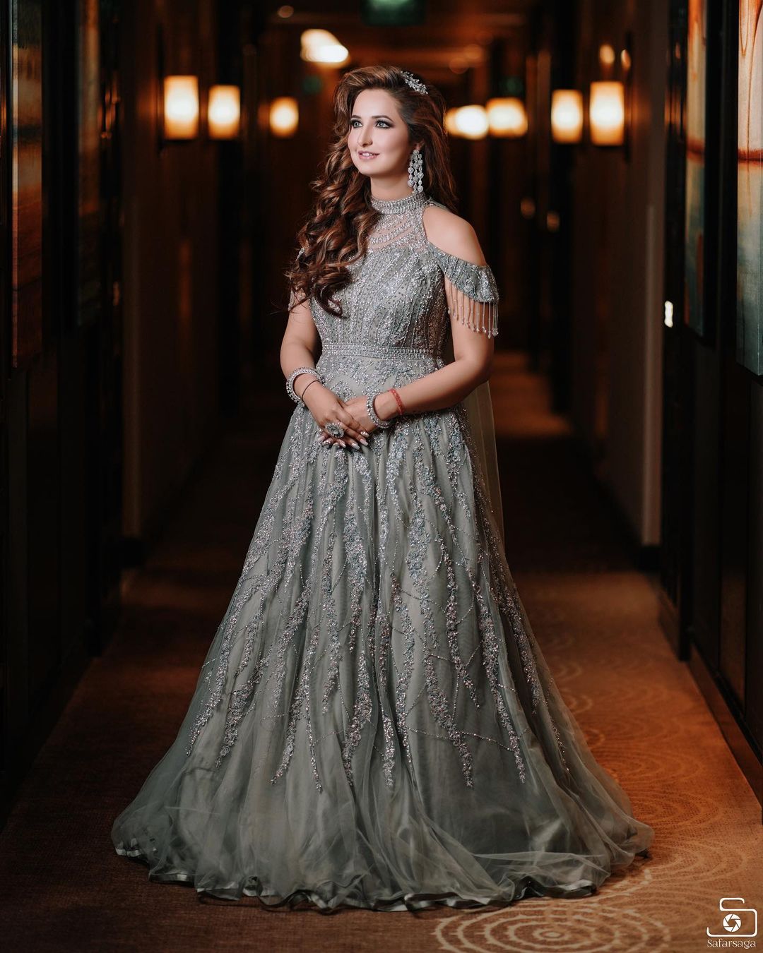 grey sequin gown with shoulder cutouts and dupatta for sangeet