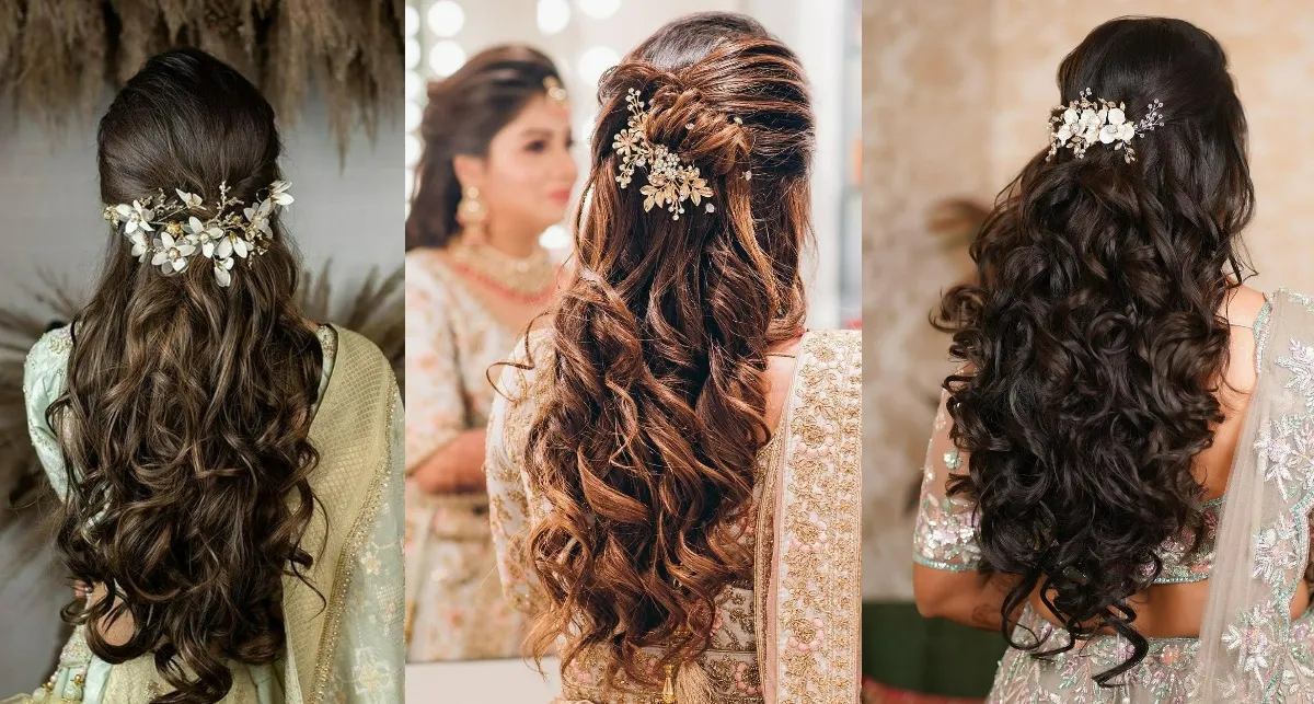 trendy open curls engagement hairstyle for bride 