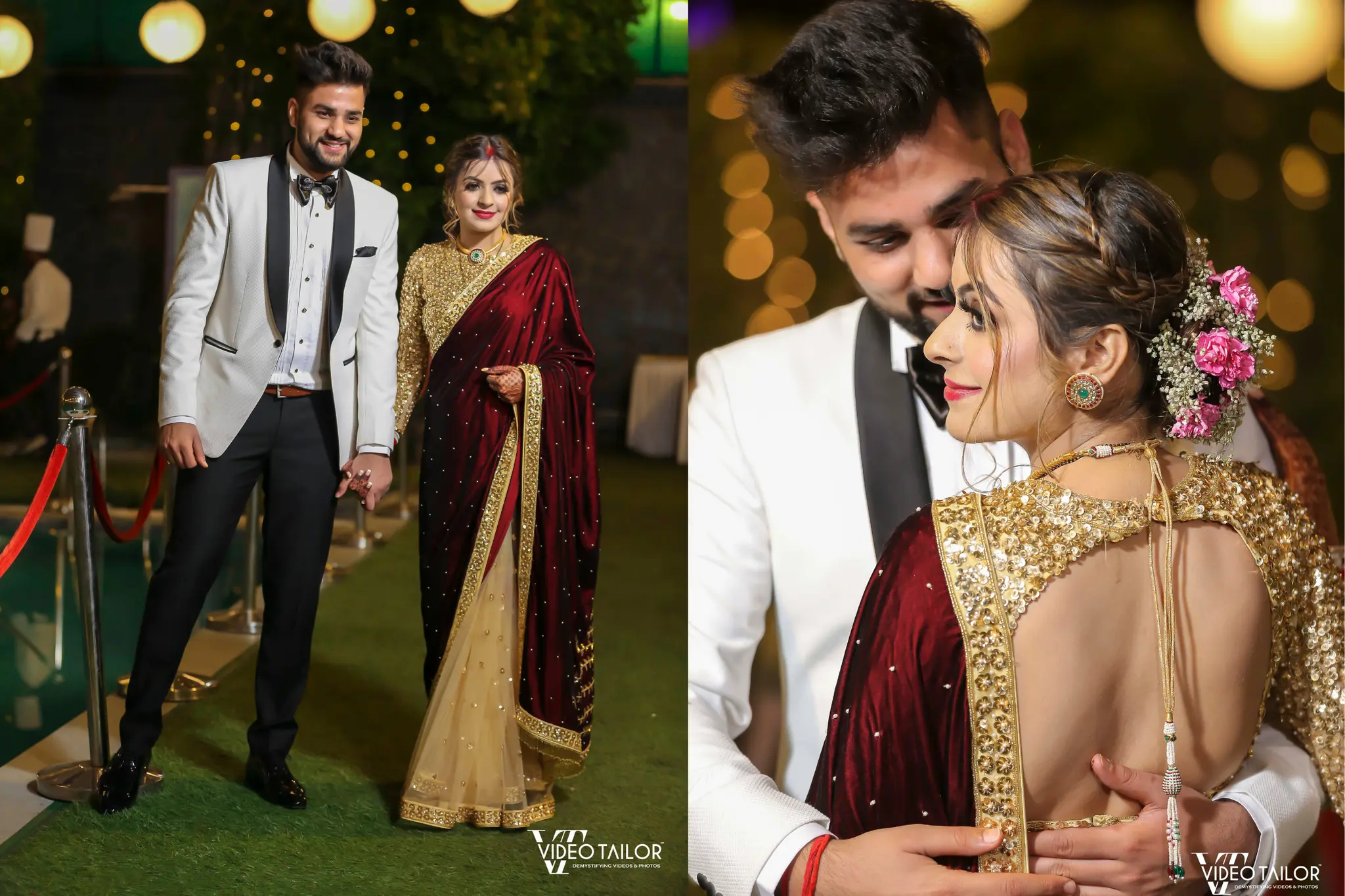 red and golden reception look for bride in saree