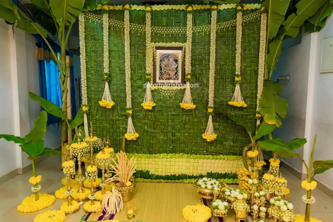 decoration for haldi with banana leaf and marigold flowers