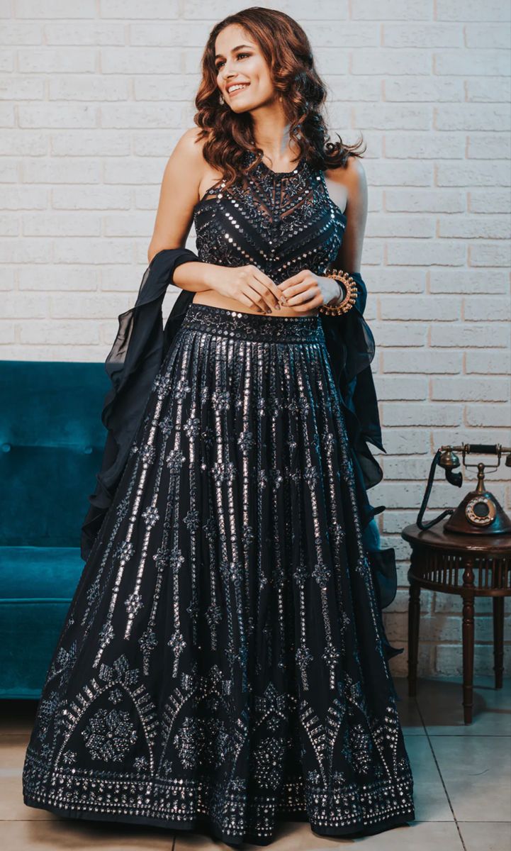 trendy and latest bridesmaid engagement look featuring black lehenga