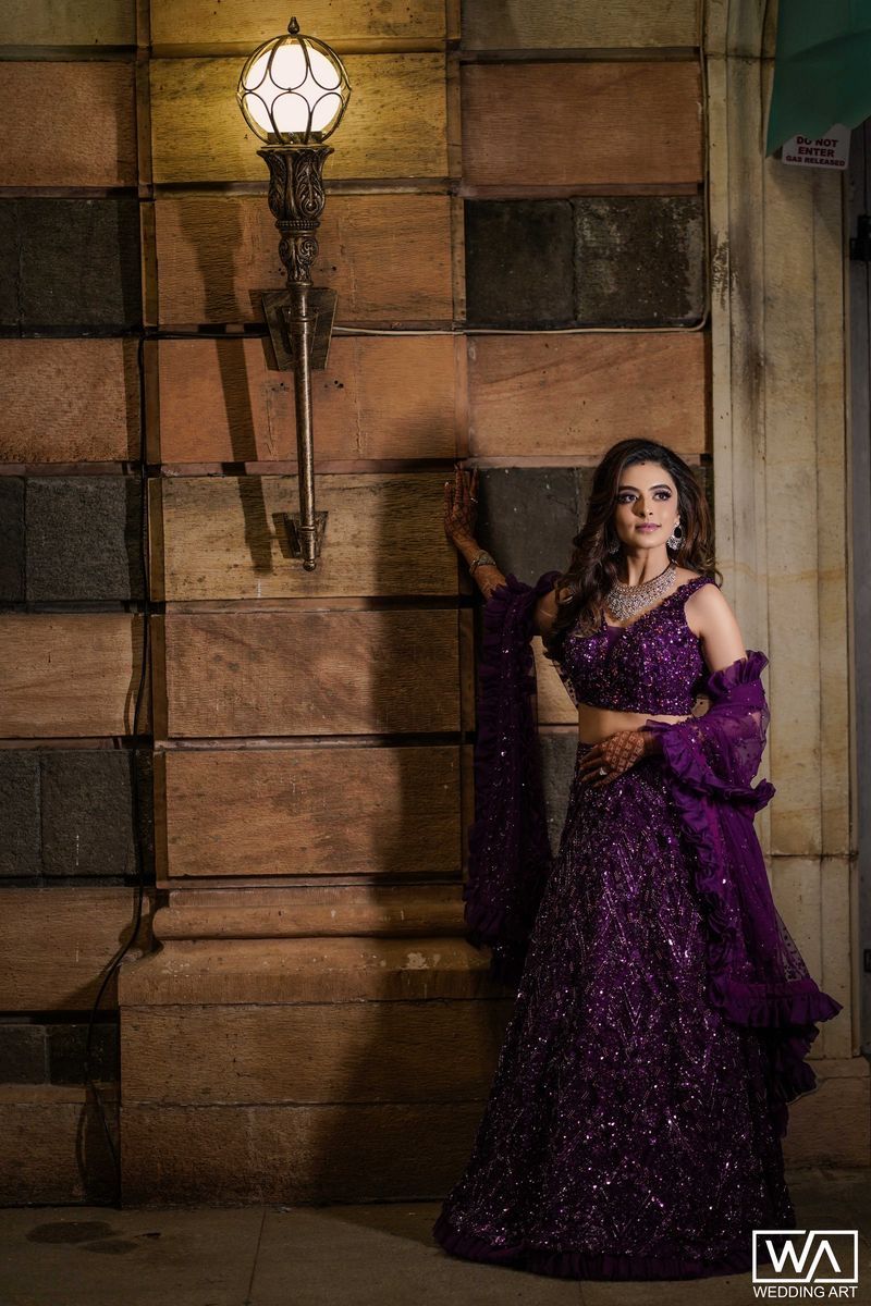 modern purple sequin lehenga dress for wedding reception 