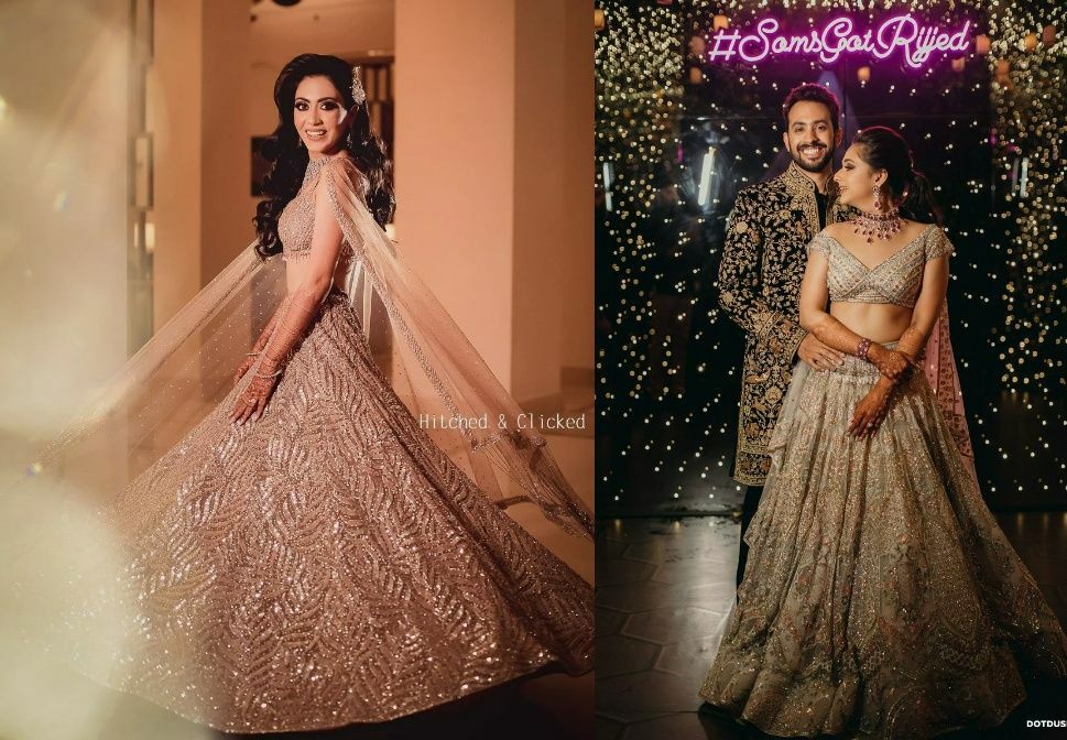 glittery sangeet lehenga dresses for bride with cape dupatta