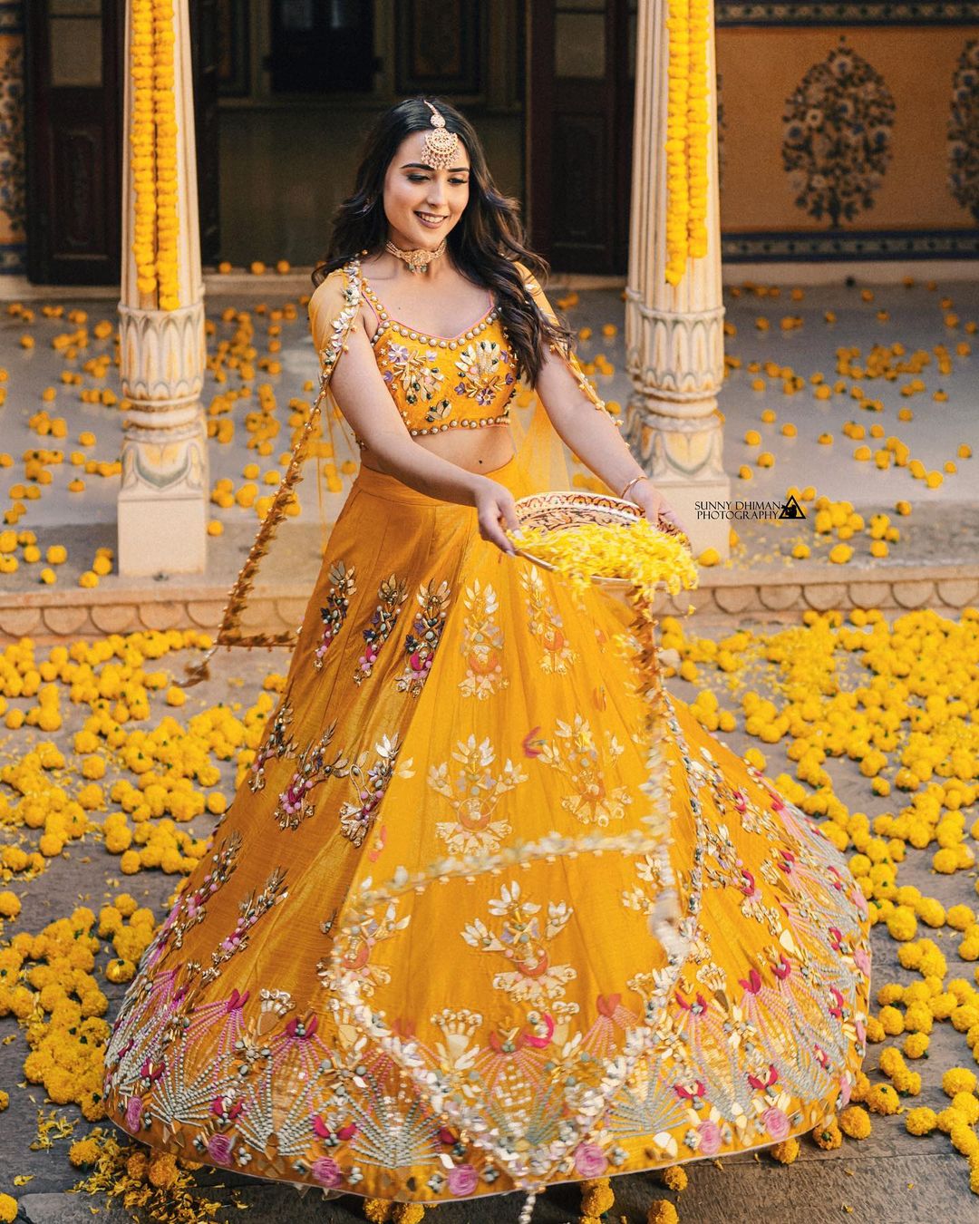 stylish and best yellow silk lehenga for haldi for bride