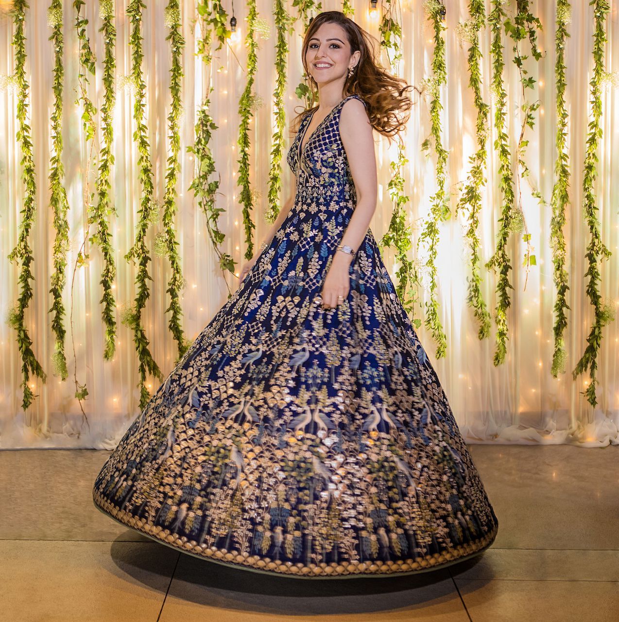 blue and golden cocktail gown dress for bride