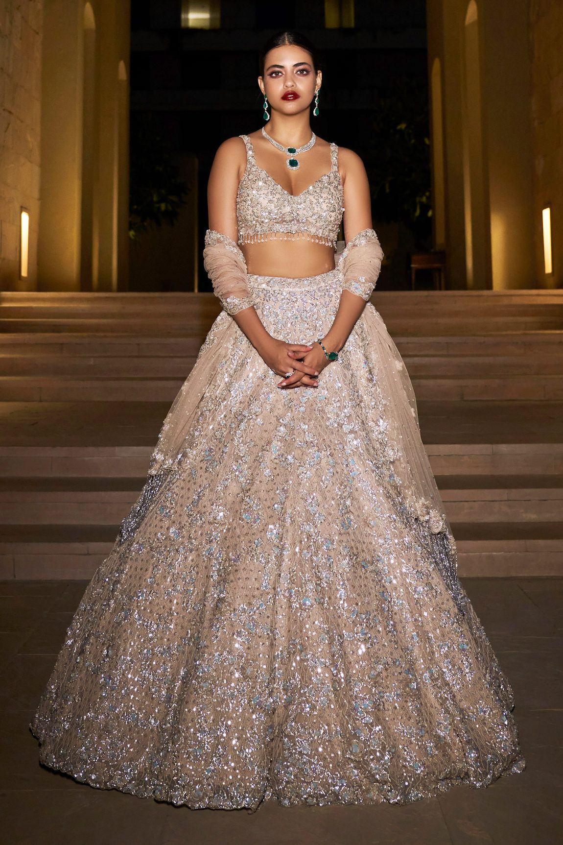 designer champagne gold sequin work reception lehenga for bride 