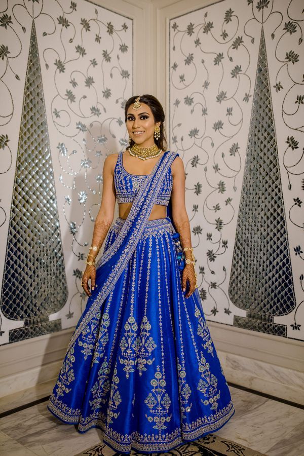 electric blue embroidered and embellished lehenga choli for mehndi