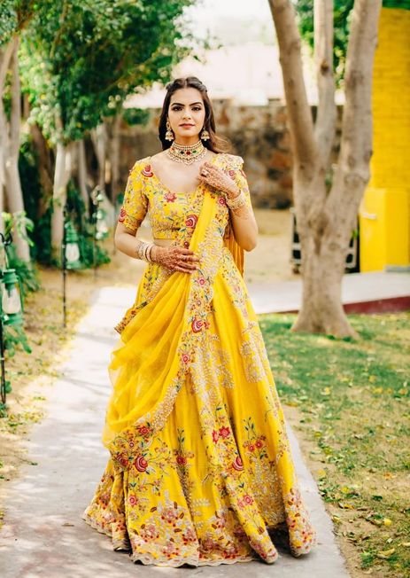 yellow embroidered haldi lehenga choli for bride