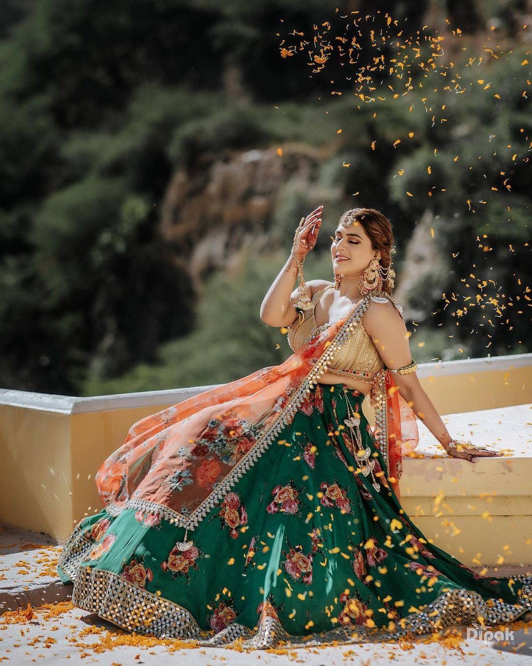 green orange golden color combination lehenga for mehndi