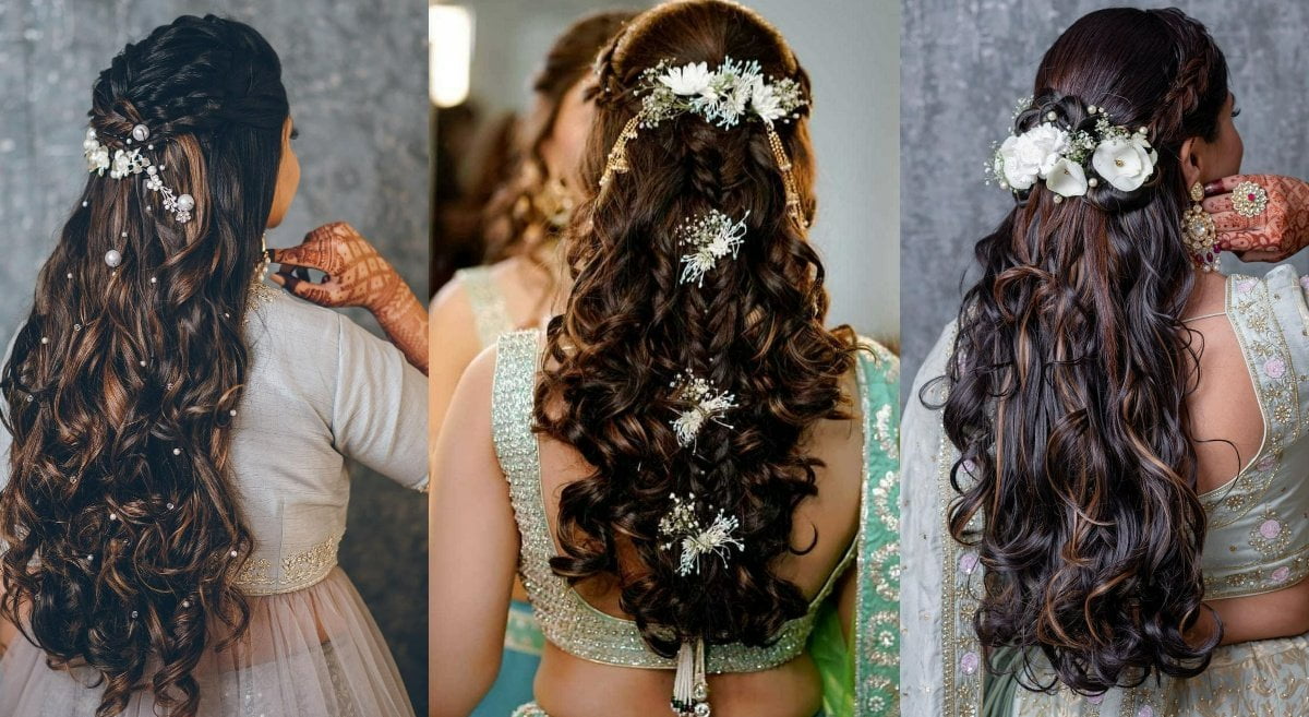half tie with curls reception lehenga hairstyles for bride