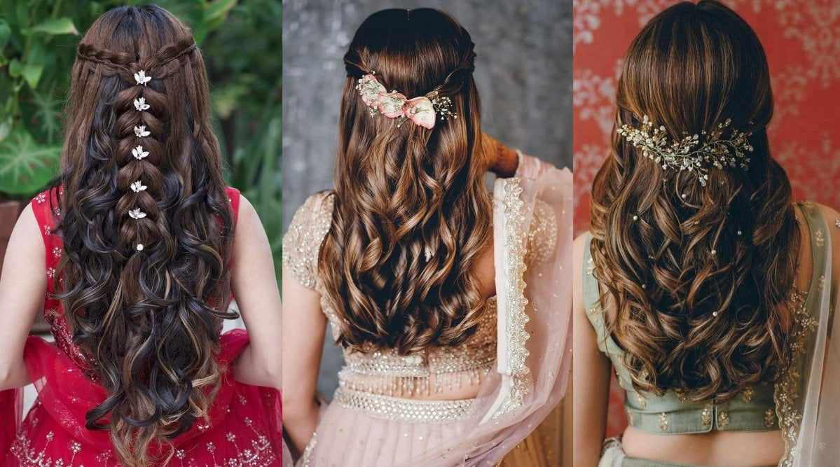 half tie with curls reception bridal hairstyles for lehenga