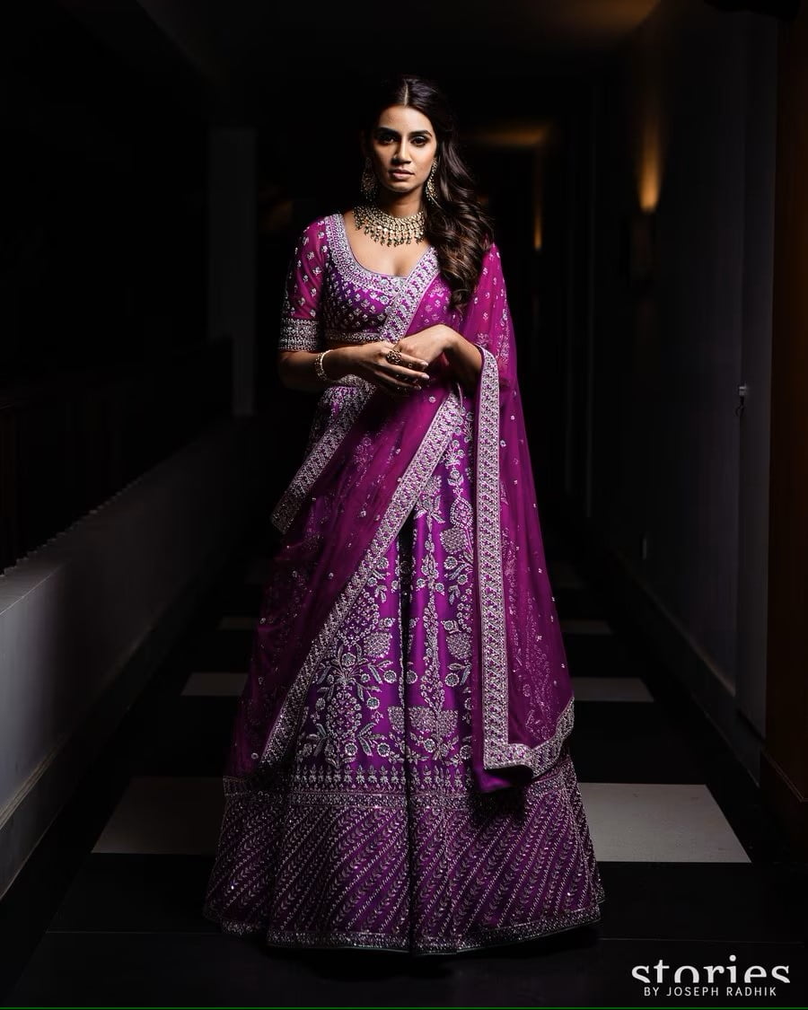 modern magenta reception look with lehenga 