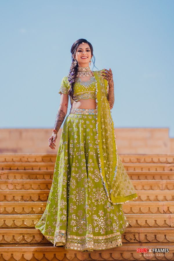 mehendi colour mirror work lehenga bridal mehndi dress