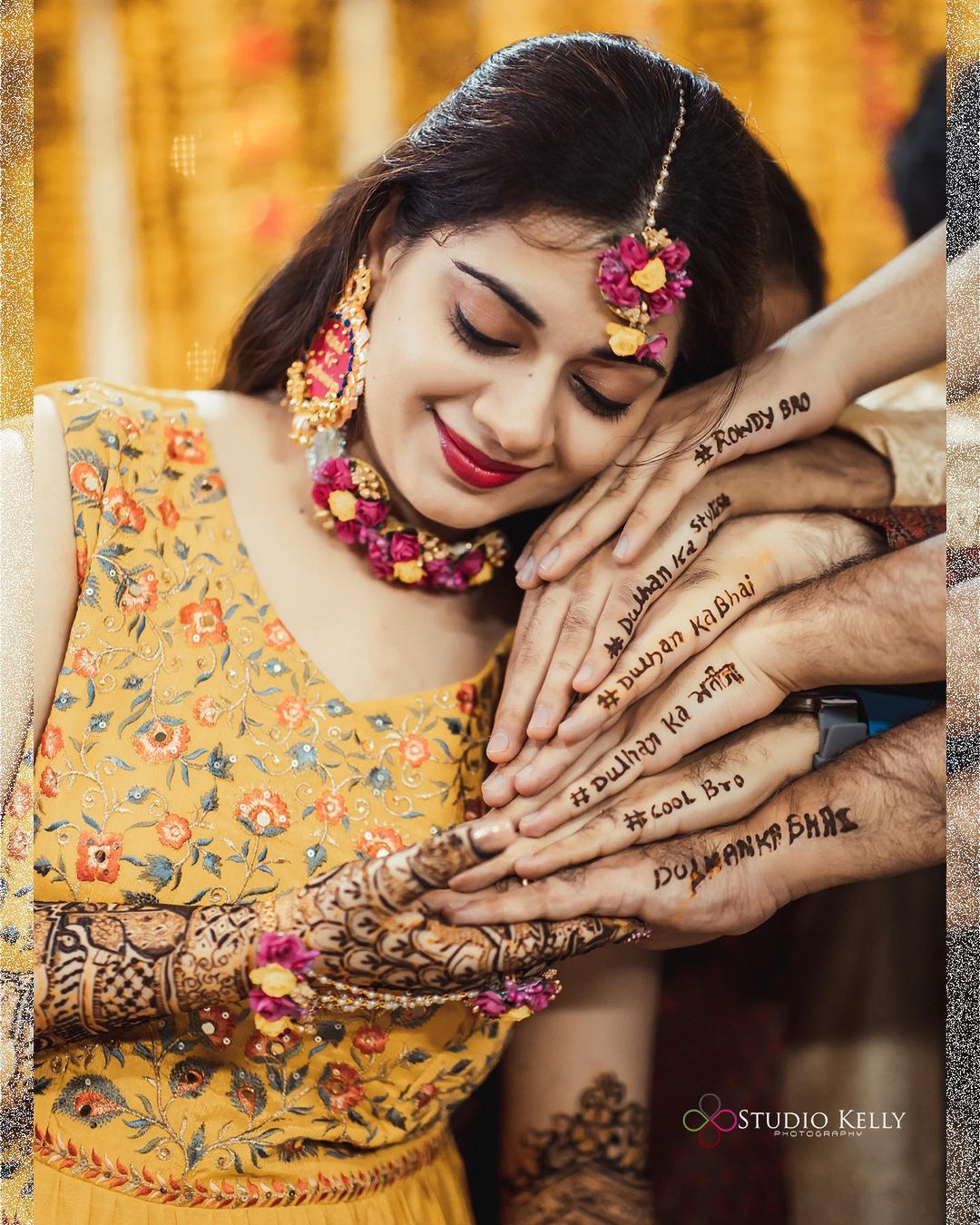 unique and cool bride mehndi pose with brothers