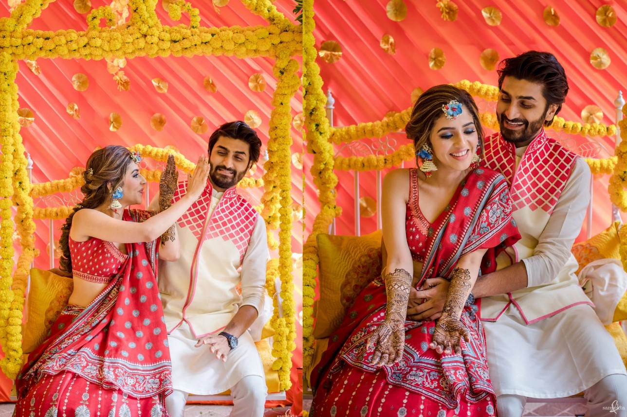 bride and groom candid photoshoot for mehndi function