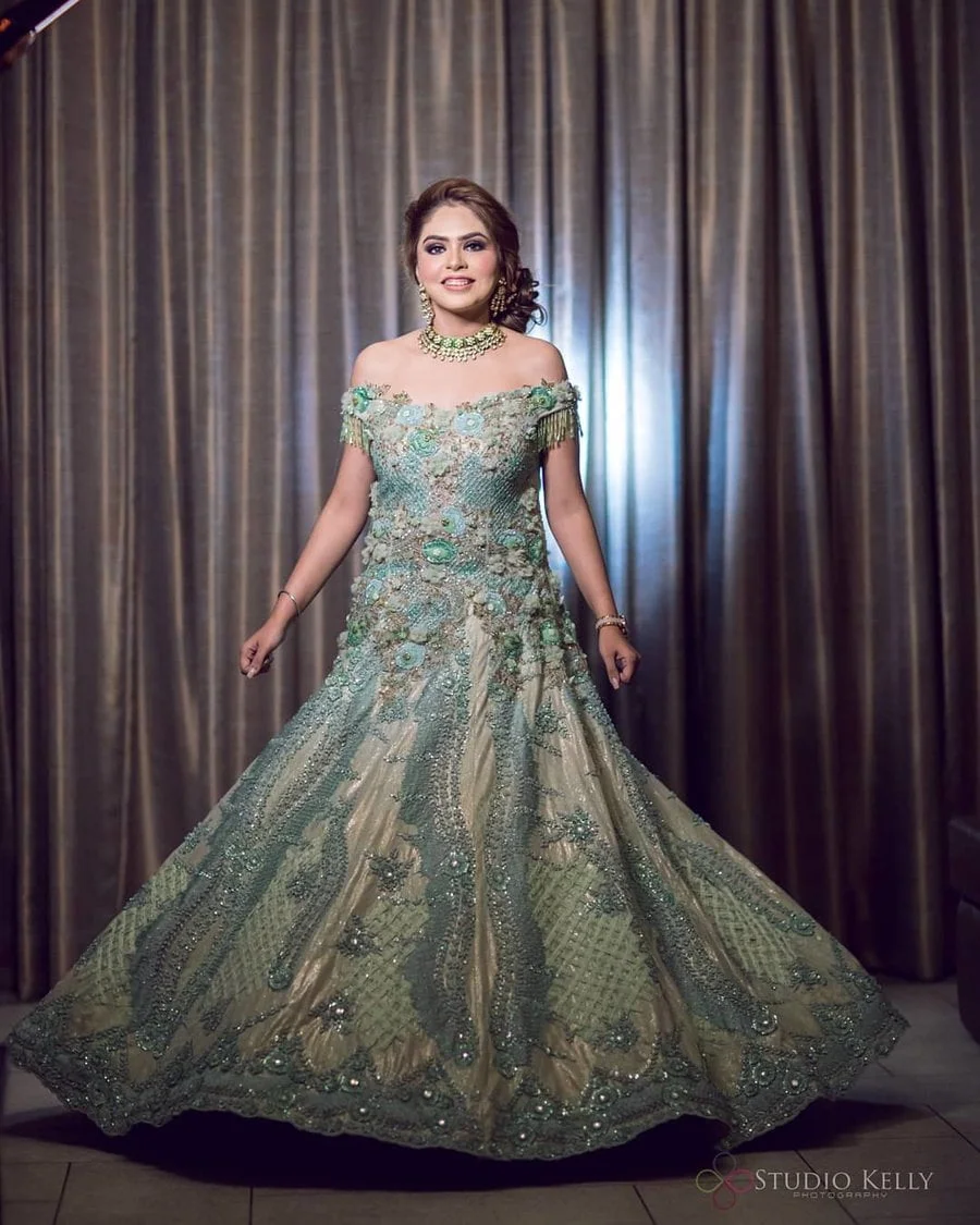 mint green off-shoulder floral gown for mehndi function