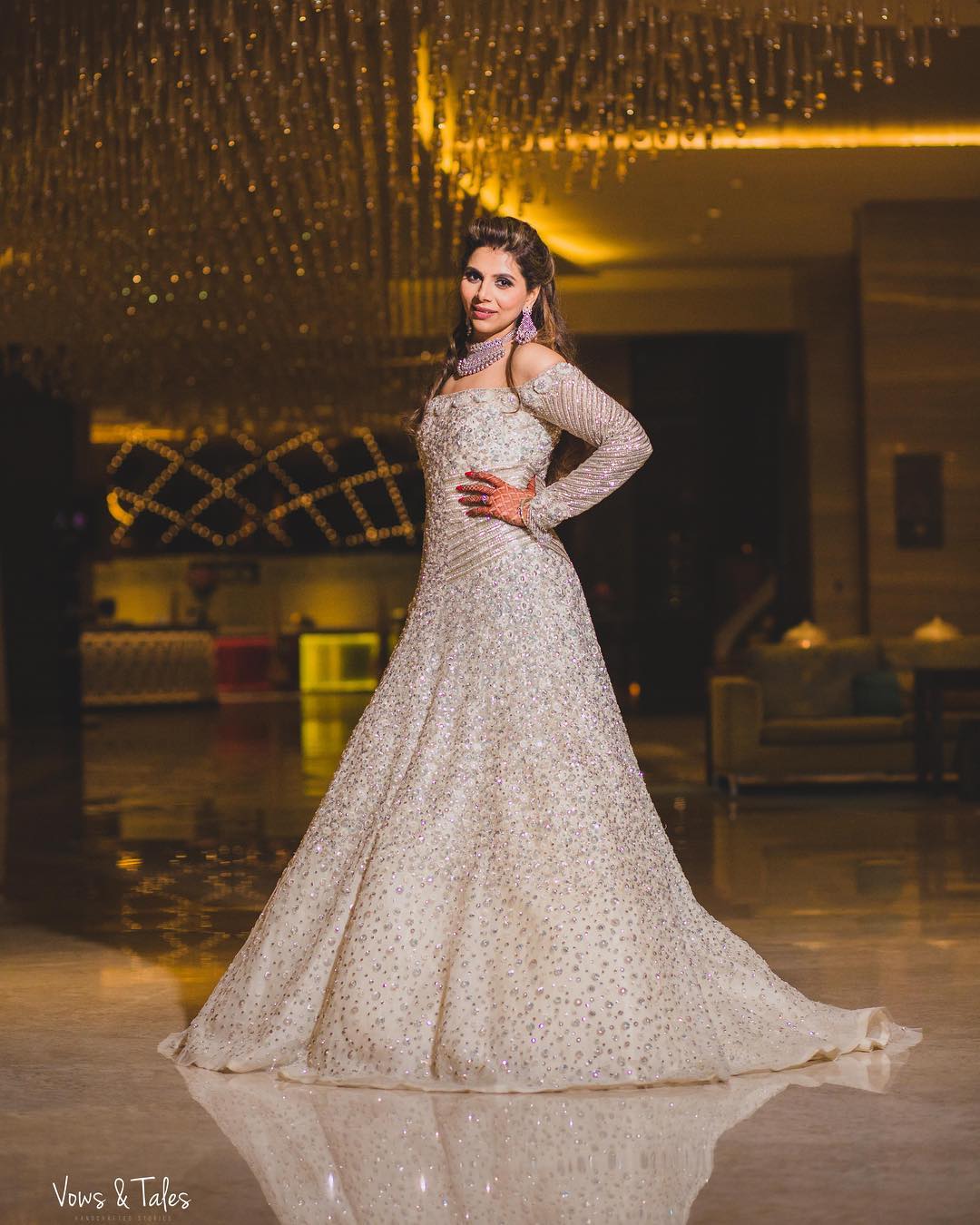 off white off shoulder gown for sangeet for bride