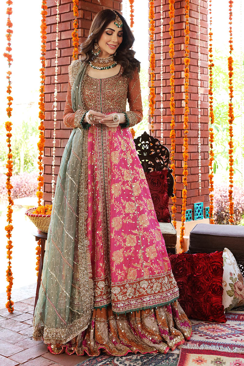 pink and orange pakistani lehenga dress for mehendi