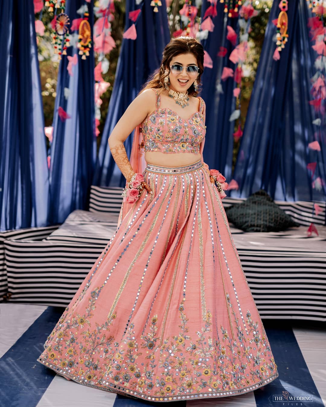 trendy designer peach floral embroidered lehenga for mehndi