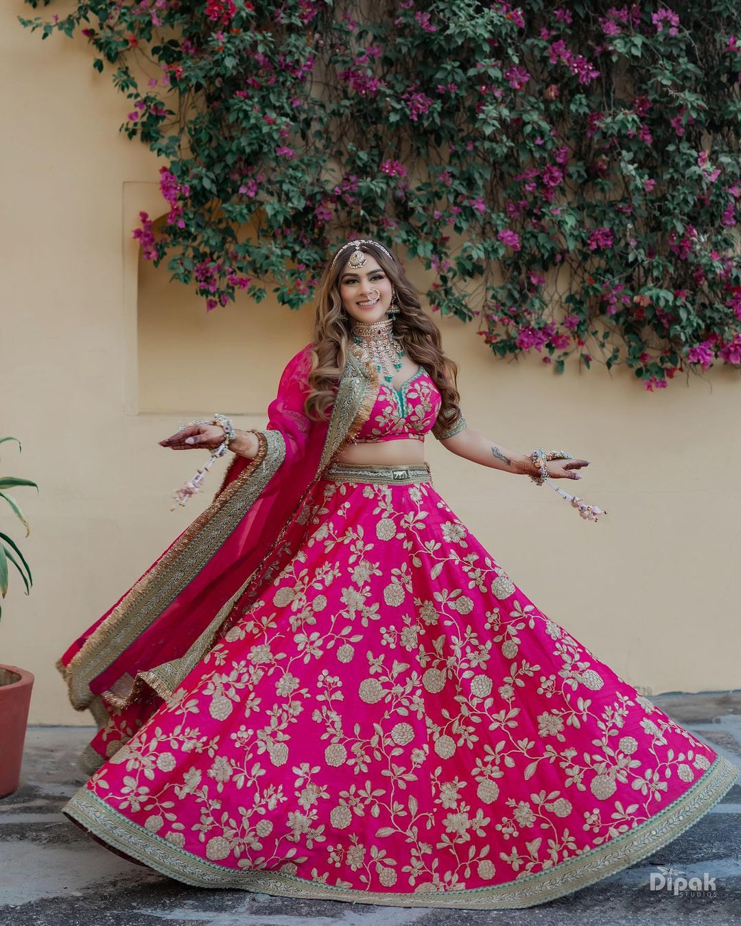 lehenga choli with dark pink and beige colour combination 