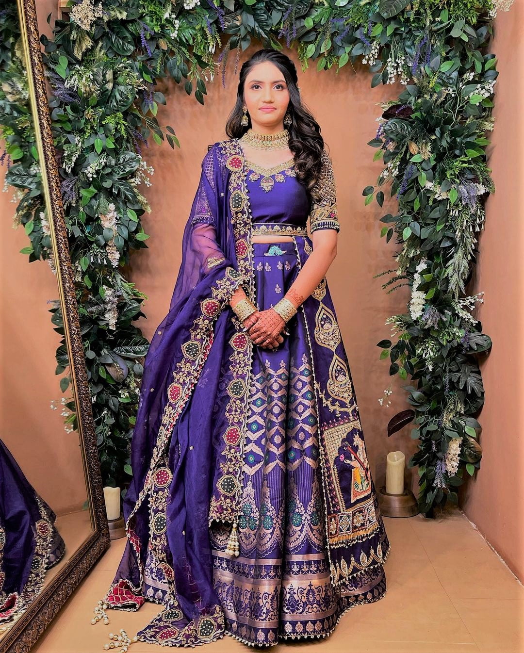 designer dark purple painted lehenga for mehndi ceremony