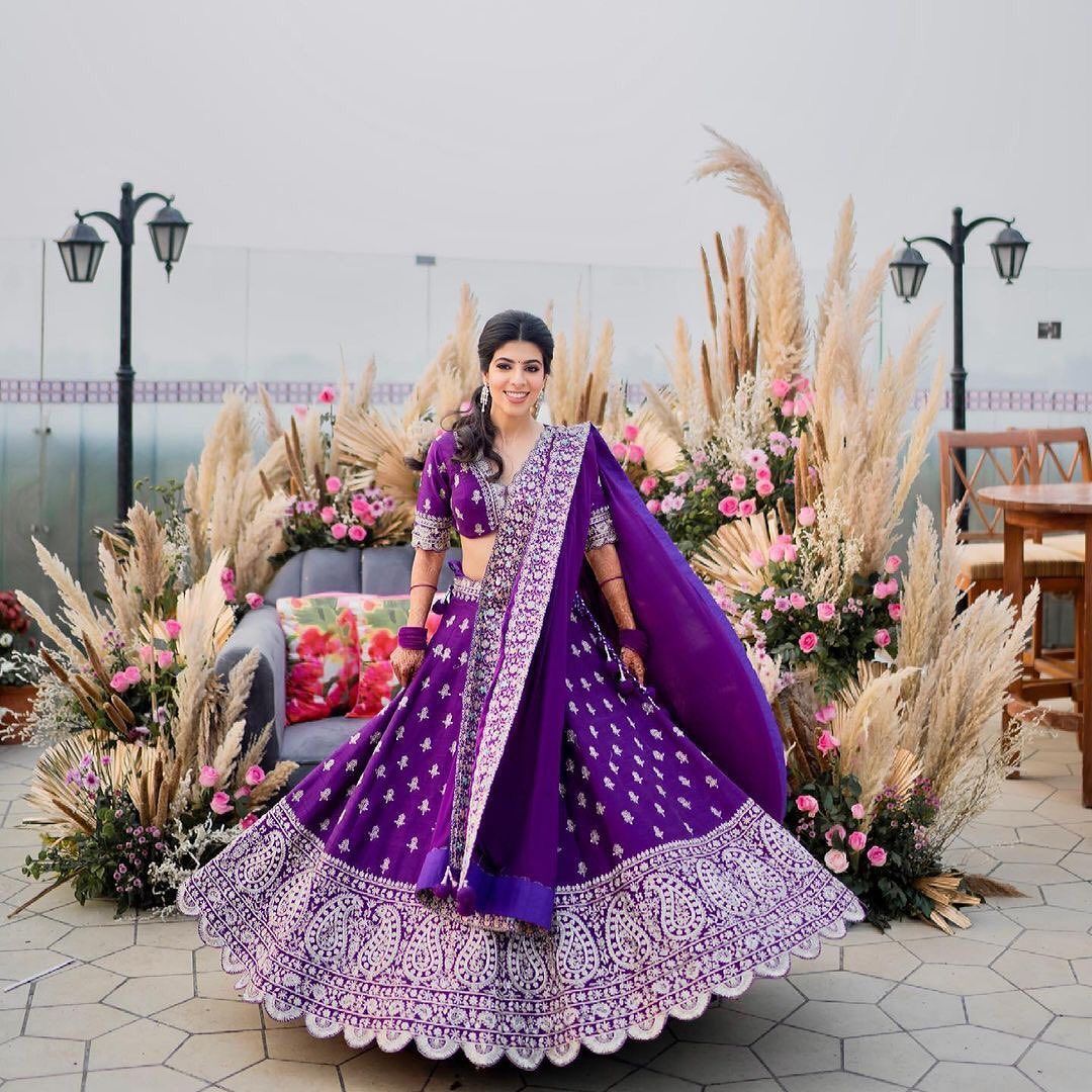 purple and white embroidered lehenga bridal mehndi dress