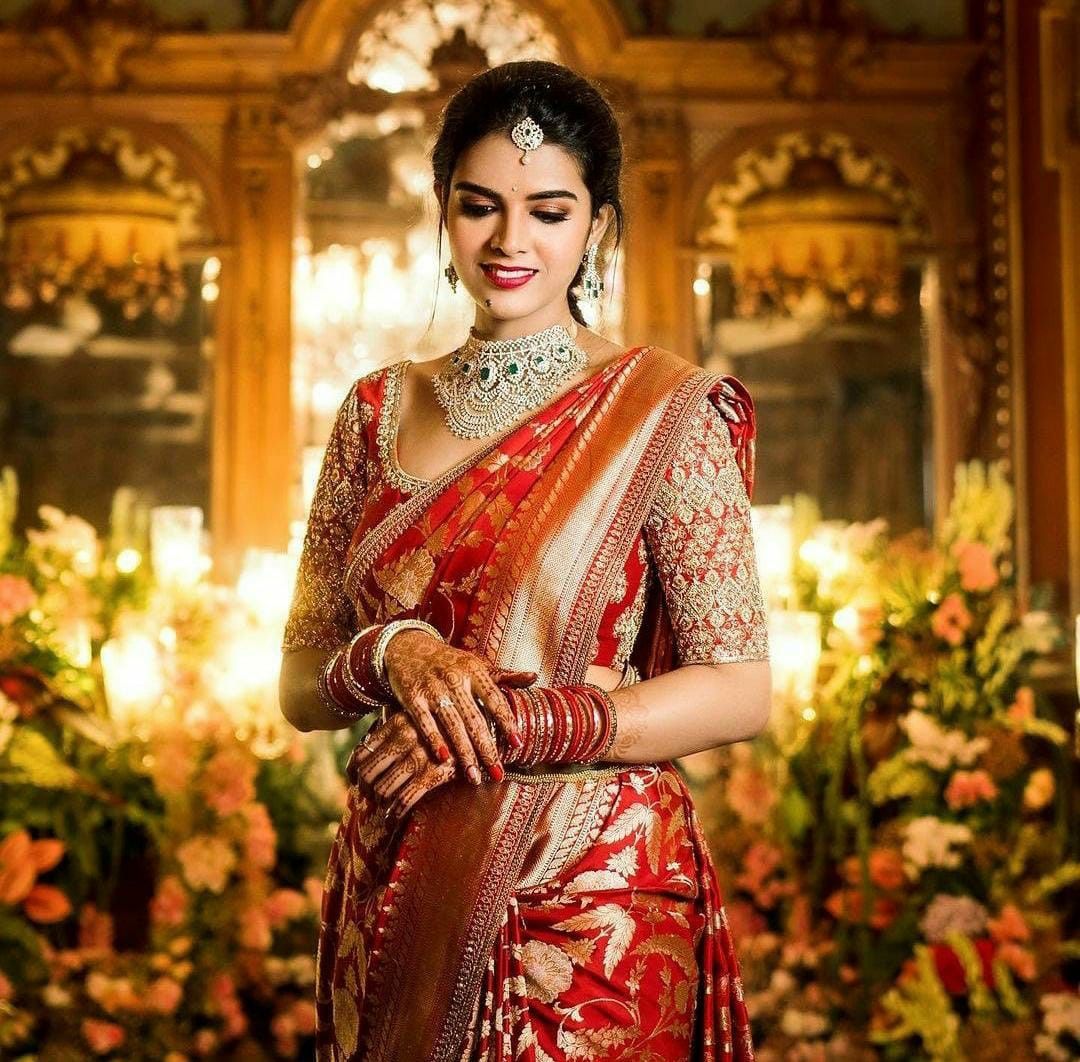 red bridal saree with maggam blouse for south indian wedding