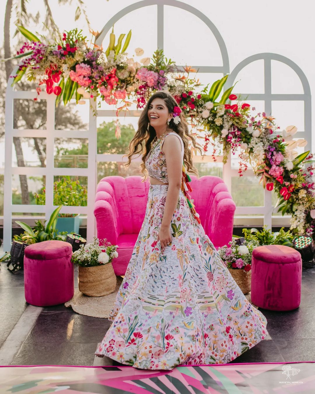 classy and elegant white floral print lehenga bridal mehndi dress