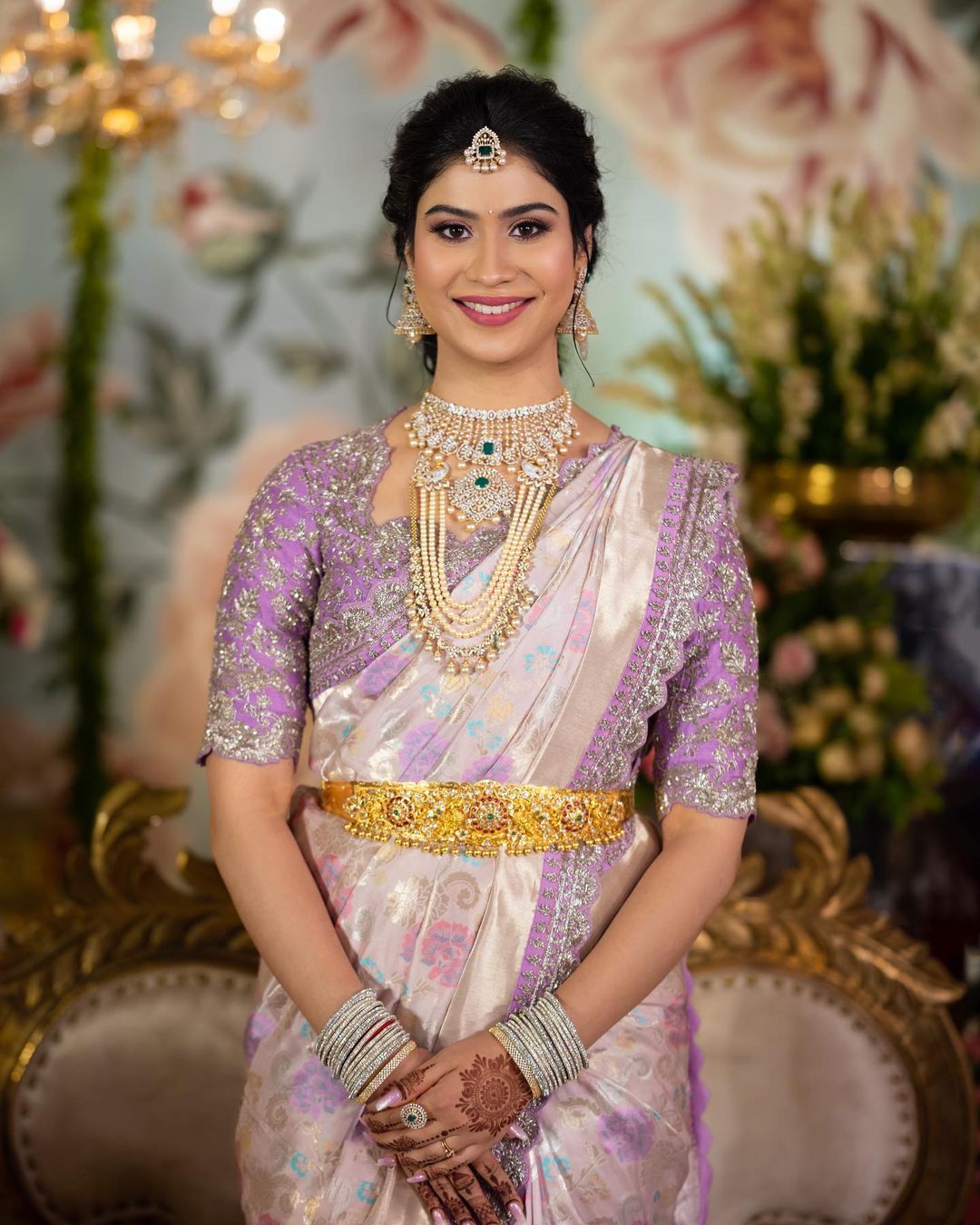 kanjivaram bridal look featuring lavender saree