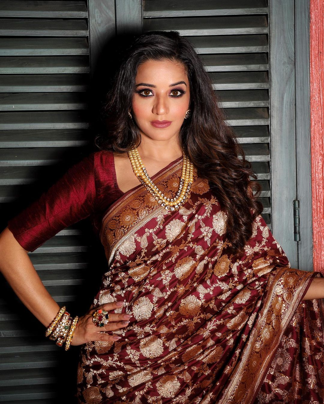 maroon and copper silk saree for wedding