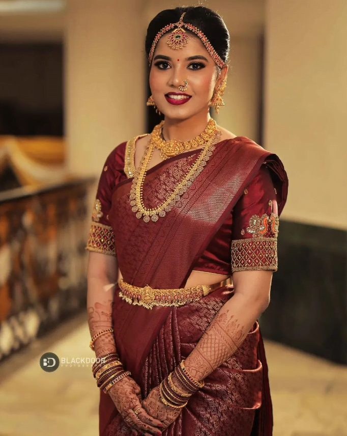 simple and traditional south indian bridal maroon saree