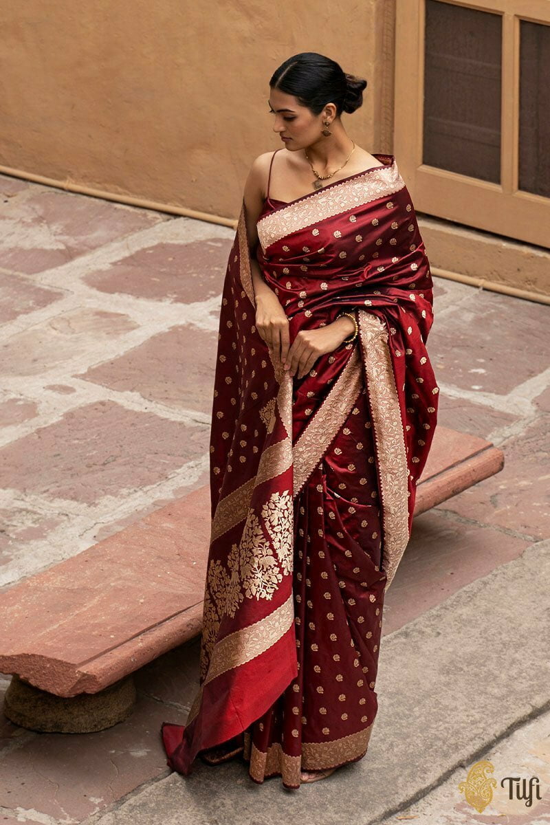 maroon banarasi silk saree with muted border