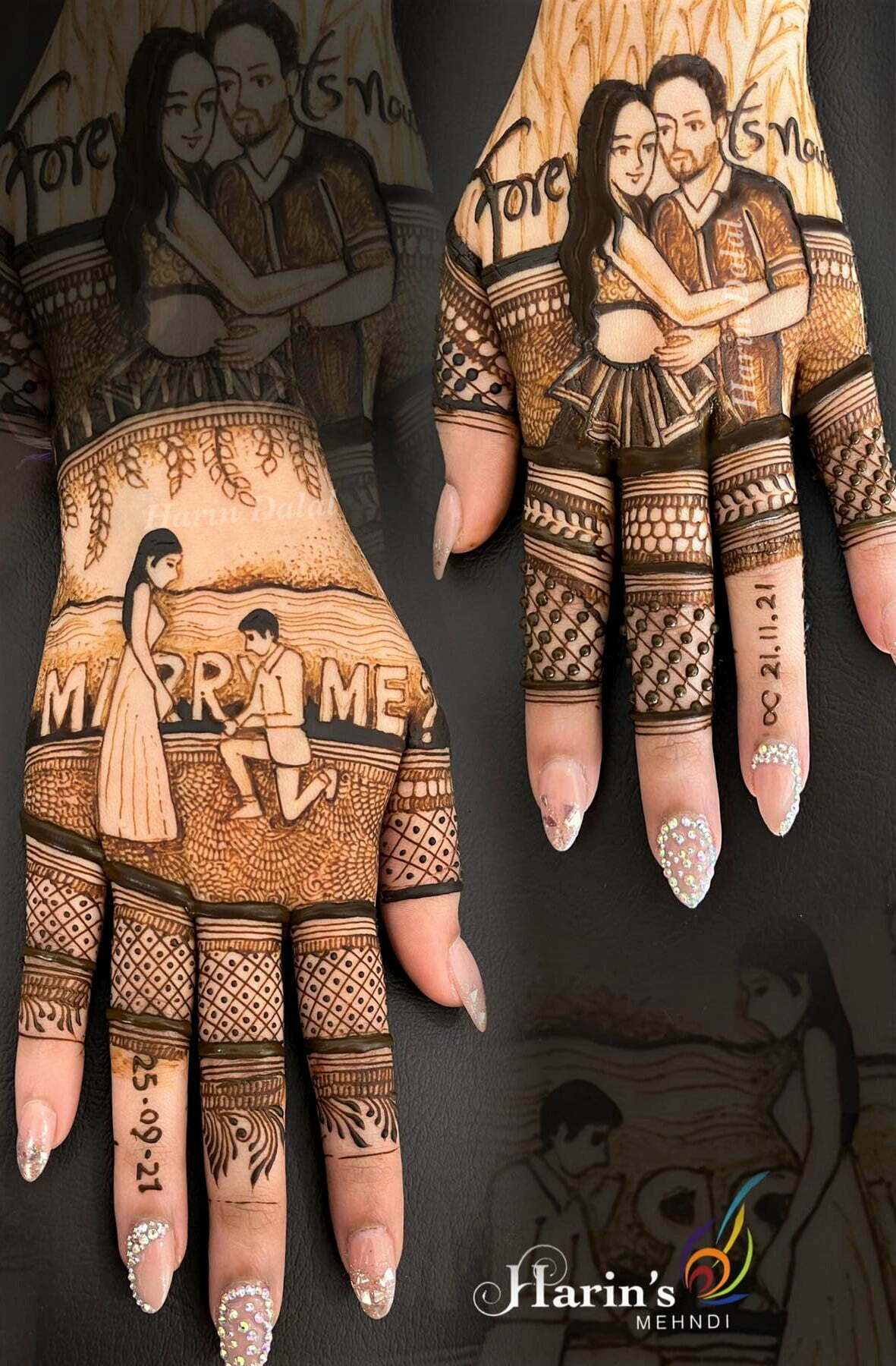 couple proposal back side mehndi design for full hands for bride