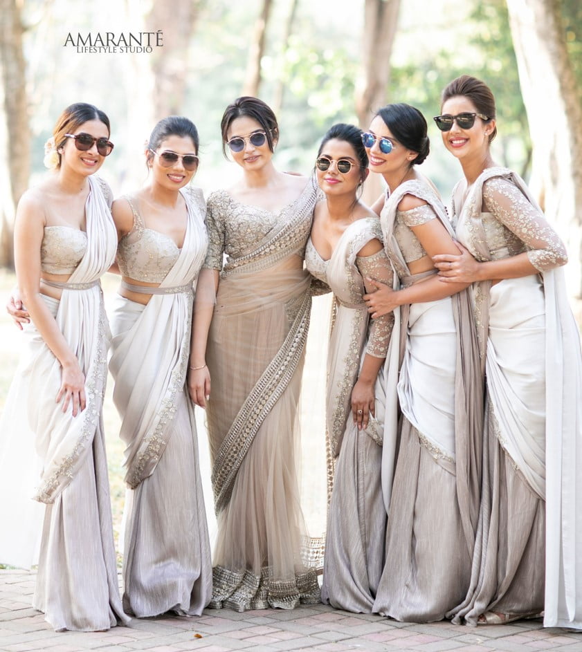 simple coordinating silver indian bridesmaid dresses