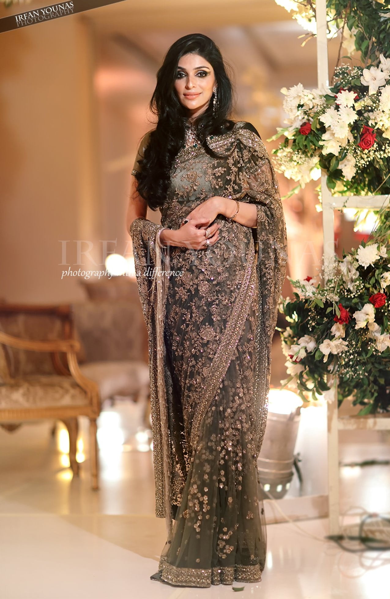 engagement look for bride in embellished mehndi saree