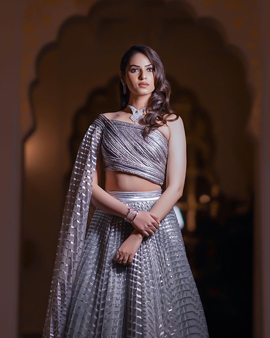 metallic grey one shoulder indo western lehenga for sangeet