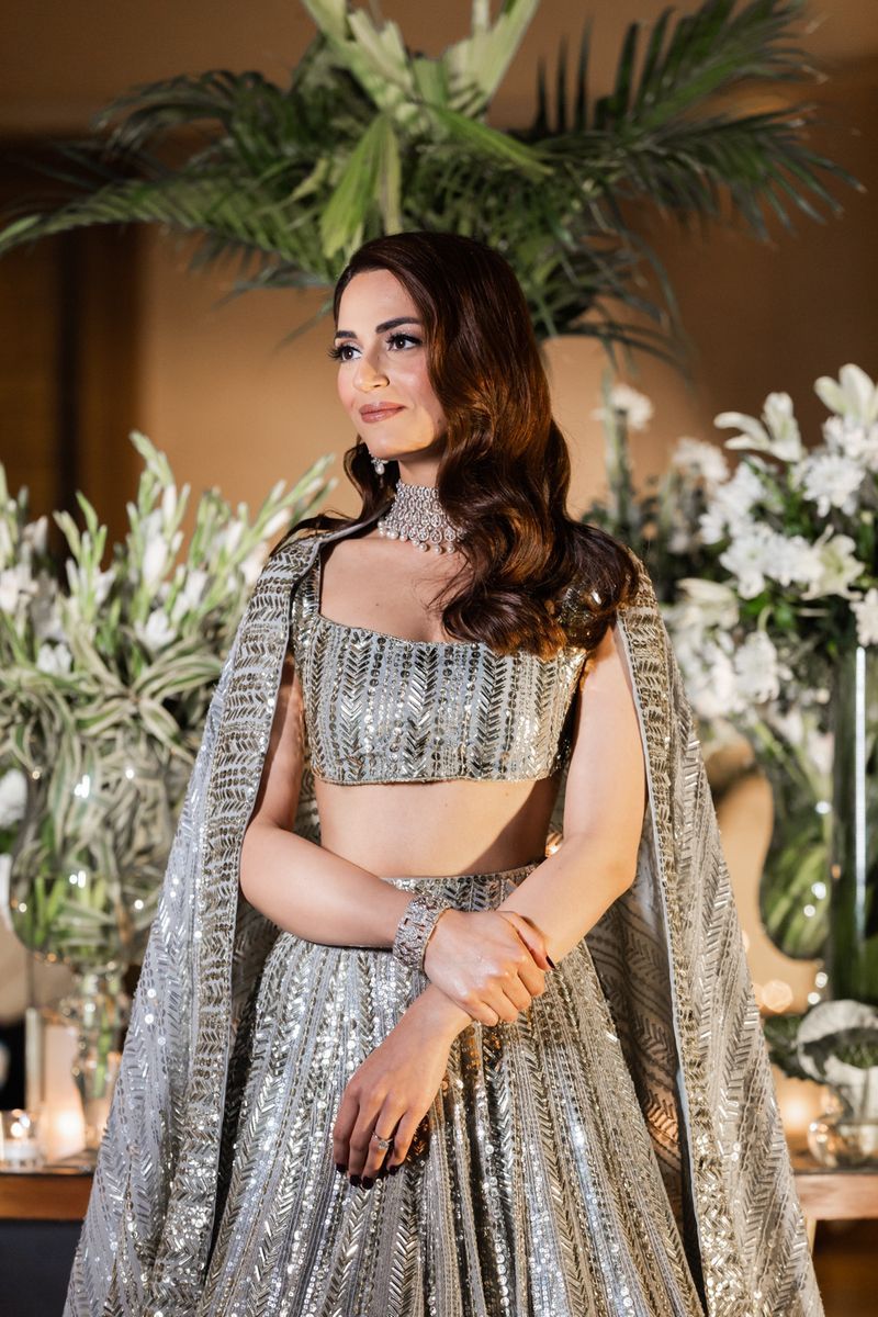 modern metallic grey bridal sangeet lehenga