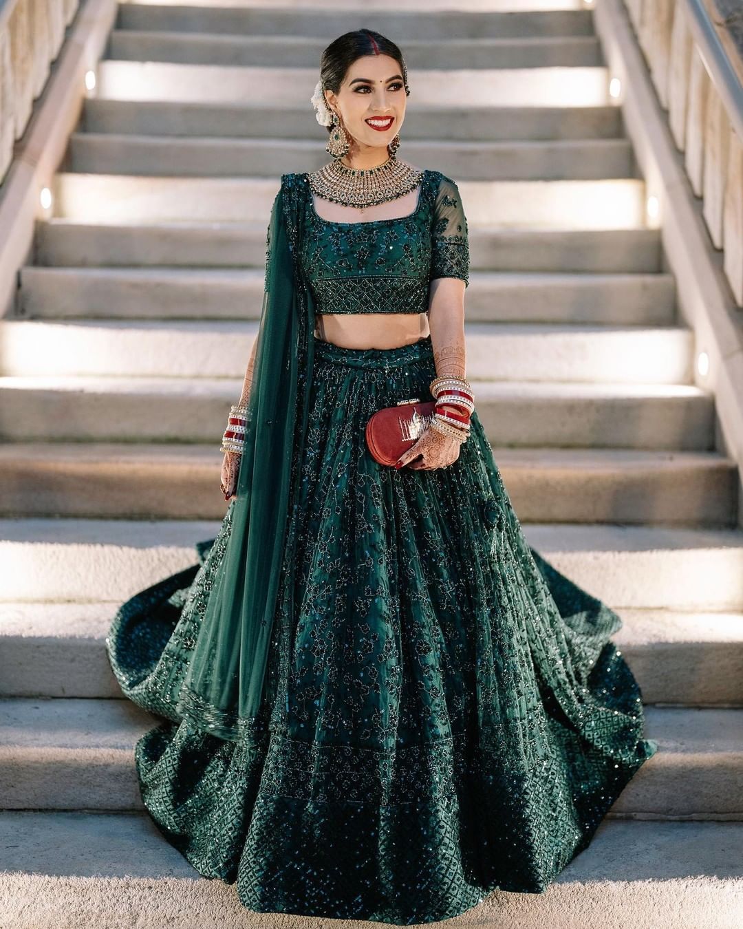 bottle green embellished lehenga reception dress for bride